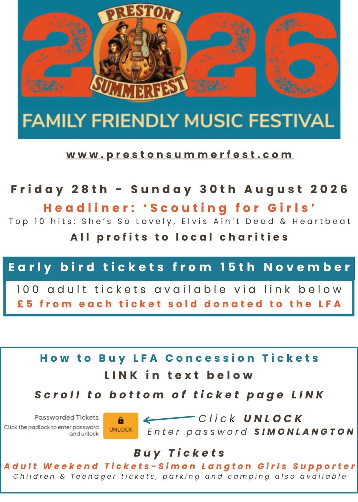 PRESTON SUMMERFEST 2026: EARLY BIRD Tickets available - DONATION TO LFA (details below)